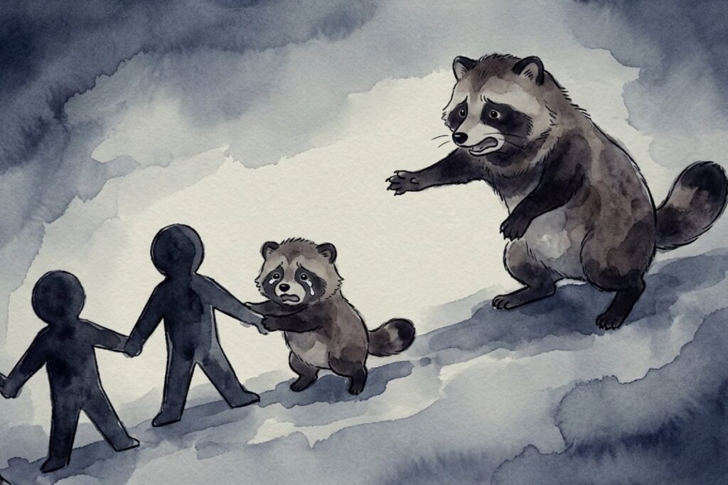 手をつないだ黒い人影が小さなタヌキを連れて行き、親タヌキが手を伸ばす暗色のイラスト。人身売買や遊郭説など、歌詞が怖いとされる都市伝説が生まれる背景を考える一場面。