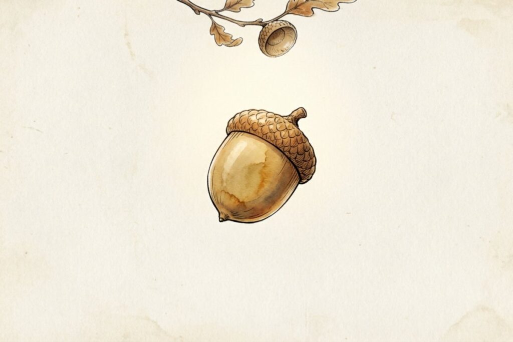 枝先から離れたどんぐりが宙に浮き、背景に木の葉が描かれたイラスト。どんぶりこと表される落下の勢いと、水没解釈につながる起点を押さえる構図。