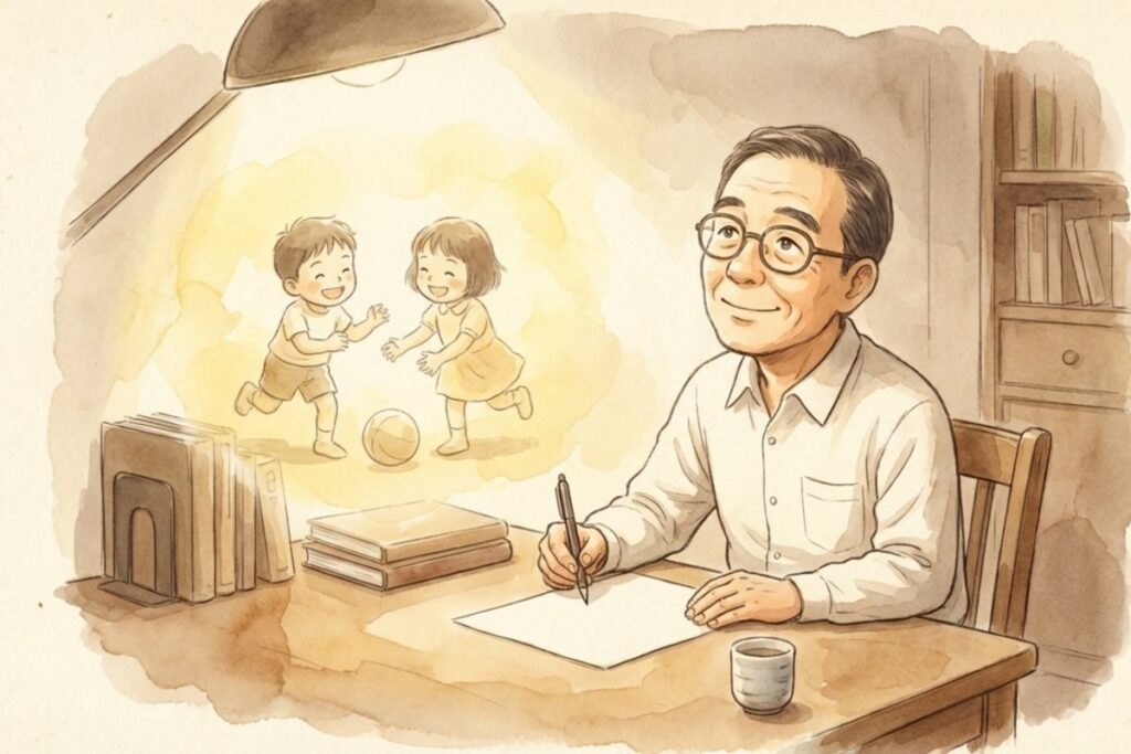 机に向かう眼鏡の男性がペンを取り、壁に子どもの思い出が浮かぶように描かれる。作詞者・阪田寛夫が込めた想いを、創作の背景と回想の視点から伝えられる。