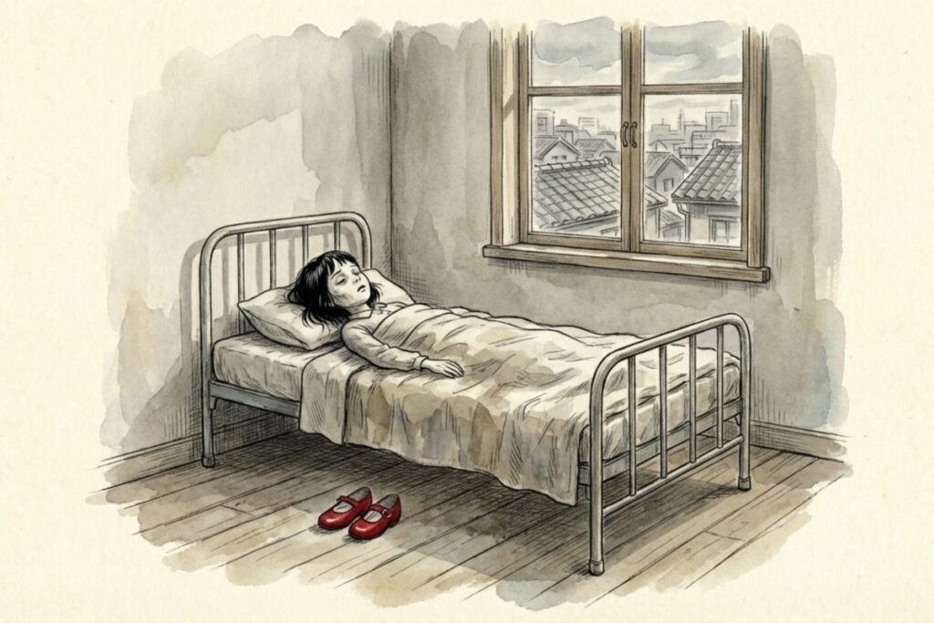 窓のある部屋のベッドで眠る少女のそばに、脱いだ赤い靴がそろえて置かれた情景。麻布の孤児院で亡くなったとされるきみの運命を想起させ、実話の悲劇が残る