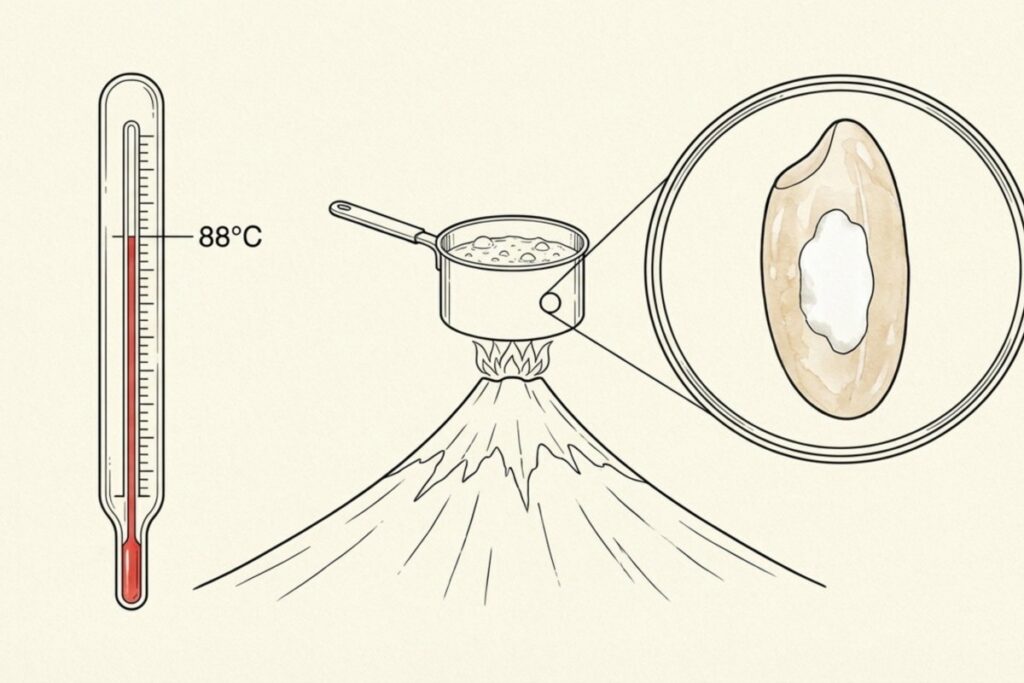 左に温度計の88℃表示、中央に鍋、右に米の断面拡大が並ぶシンプルな図解。富士山での炊飯と沸点低下、高所で芯が残りやすい理由など科学的な検証ポイントを整理した図。
