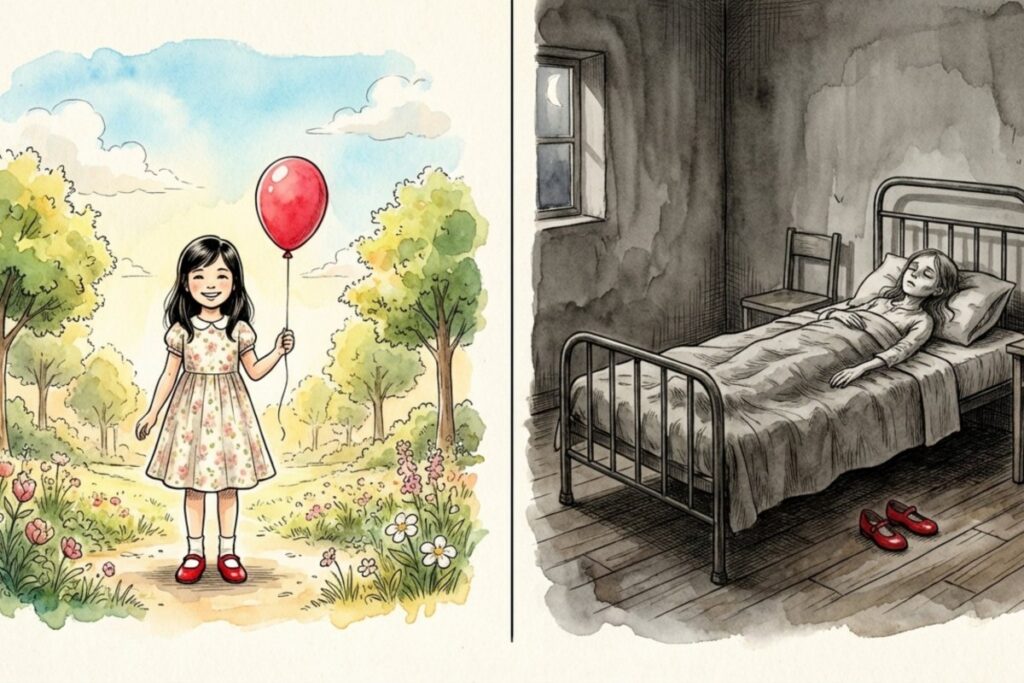 花畑で笑う少女と、暗い部屋の病床に横たわる少女が左右に対比された二面図。赤い靴の実話と都市伝説で生じる、歌詞の幻想と現実の落差を表現する比較