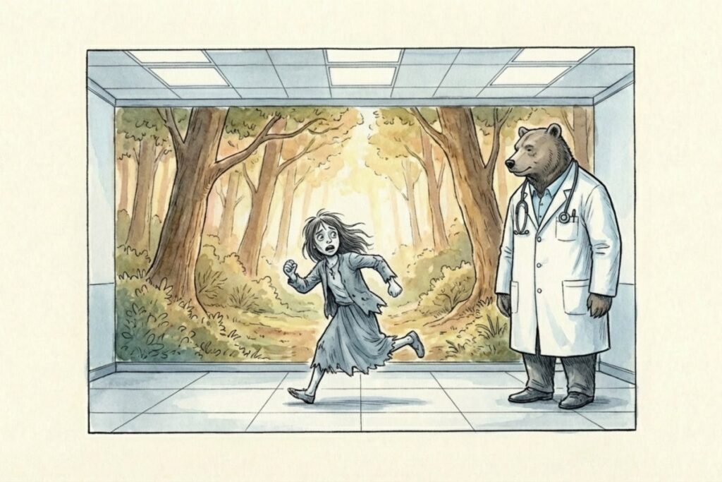 病室のような室内で白衣の熊が立ち、背景の森の壁面の前を少女が走り抜ける絵。精神病棟や隔離施設に見立てた監禁の物語として読み替えるイメージ