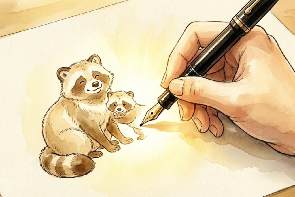 紙の上にタヌキ親子の絵が描かれ、横から万年筆を持つ手が線を足していくイラスト。歌詞のフルバージョンや2番以降が作られた経緯、作者の存在を確認する話題にも結びつく作画。