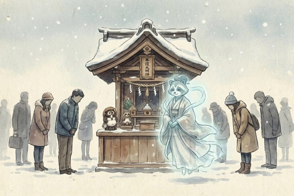 雪景色の小さな祠に参拝者が並び、社殿の前に着物姿の霊が立つ幻想的な場面。『本陣狸大明神』にまつわる、狸の娘の神格化伝承へつなげる。