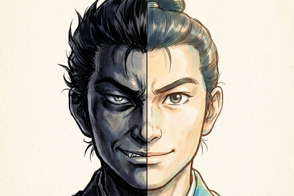 鬼の正体として、顔が中央の線で左右に分かれ片側に牙が見える人物のイラスト