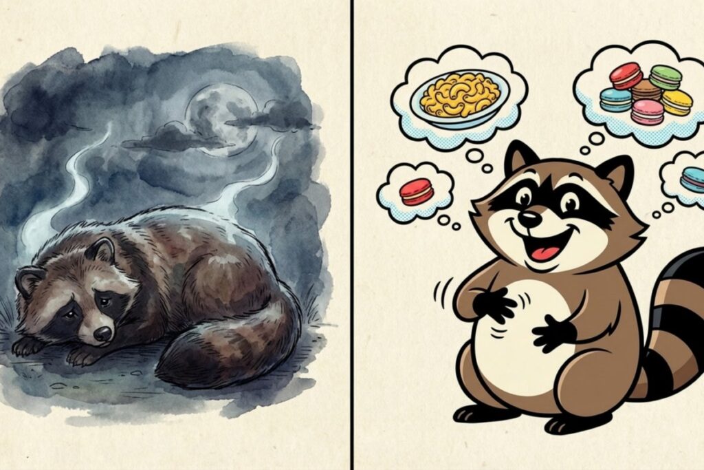 左に沈んだ表情の狸、右に食べ物を思い浮かべて笑うアライグマ風キャラを並べた対比。英語版歌詞の陽気さと原話のギャップを一目で示す。