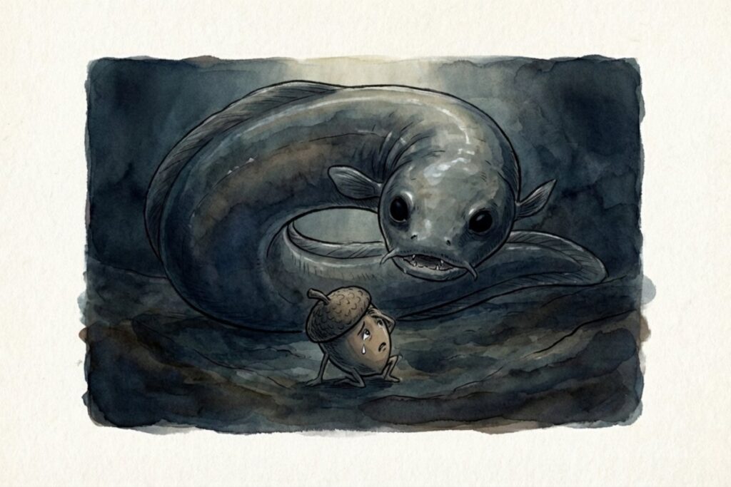 大きなどじょうが水底で身を丸め、小さなどんぐりを見下ろす水中の場面。お山へ戻れない結末の不安と、どじょうの存在が圧迫感を生む描写。