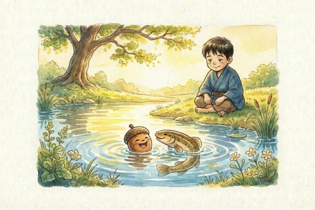 緑の岸辺で少年が見守る中、水面で笑うどんぐりと魚が向き合う場面。歌詞は怖いだけかという疑問に対し、交流や共生として読み直す救いの真実が伝わる構成。