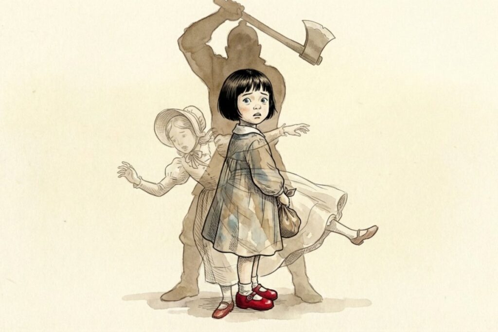 桟橋に立つ少女が赤い靴を履き、背後に帽子の人物の影と沖合の船が描かれた場面。赤い靴の歌詞が怖いと感じる「異人さんに連れられる」不安が重なる構図