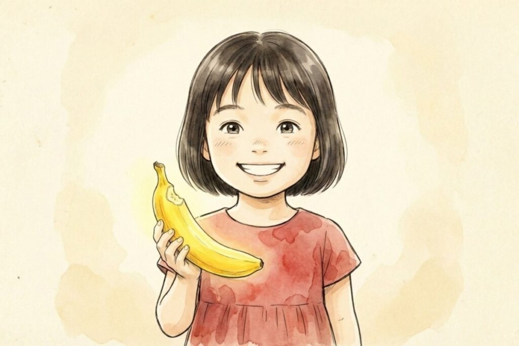 笑顔の少女がバナナを手に持ち、背景は淡い色でまとめたシンプルな絵。バナナ半分の歌詞を貧困ではなく高級品の文脈で読む説明に、明るい印象で添える。