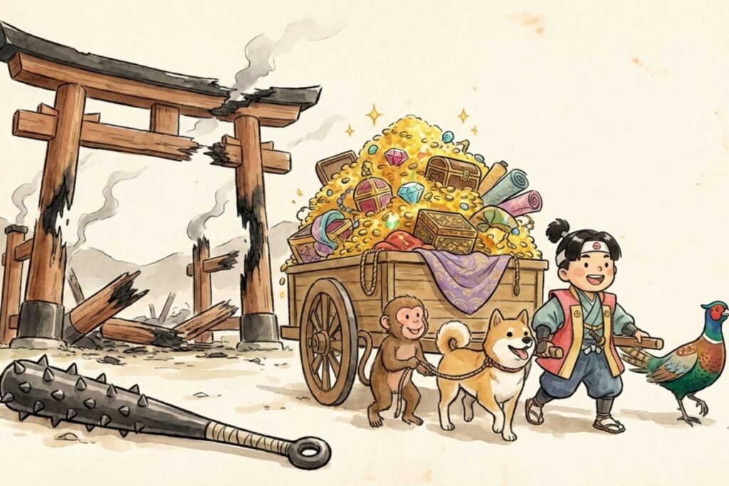 分捕物の宝箱や宝石を積んだ荷車と、壊れた鳥居の前を歩く桃太郎と動物の絵