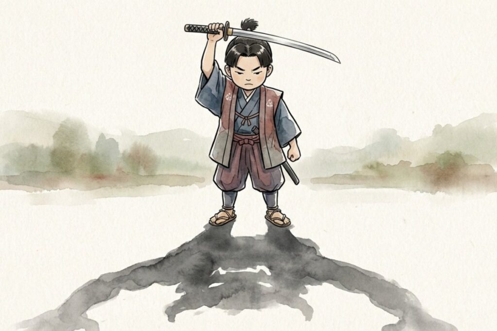 つぶしてしまえという語と、刀を頭上に掲げる和装の桃太郎の少年の険しい表情