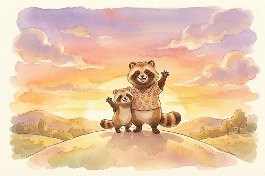 夕焼け空の丘に親子のタヌキが並び、手を振って別れを告げる水彩イラスト。歌詞の「またあした」が死別の言葉と読まれる説と、再会の挨拶としての意味の揺れを伝える場面。