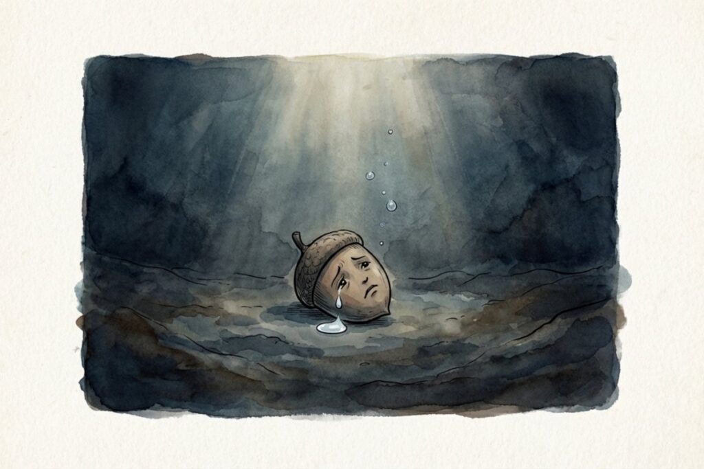 暗い水中の底で、涙を流すどんぐりが沈み、上から淡い光と気泡が落ちてくる場面。歌詞が怖い理由として語られる宙吊りの結末と、水難事故の都市伝説に結び付く水中の状況。