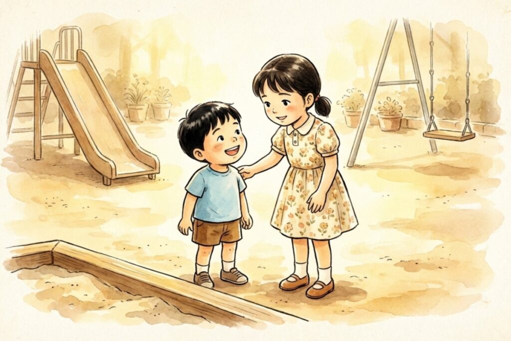 公園の遊具のそばで、年上の少女が男の子に優しく声をかける温かな絵。怖い解釈とは別に、当時の生活感や素朴な関係から真実を整理する章の雰囲気に合う。