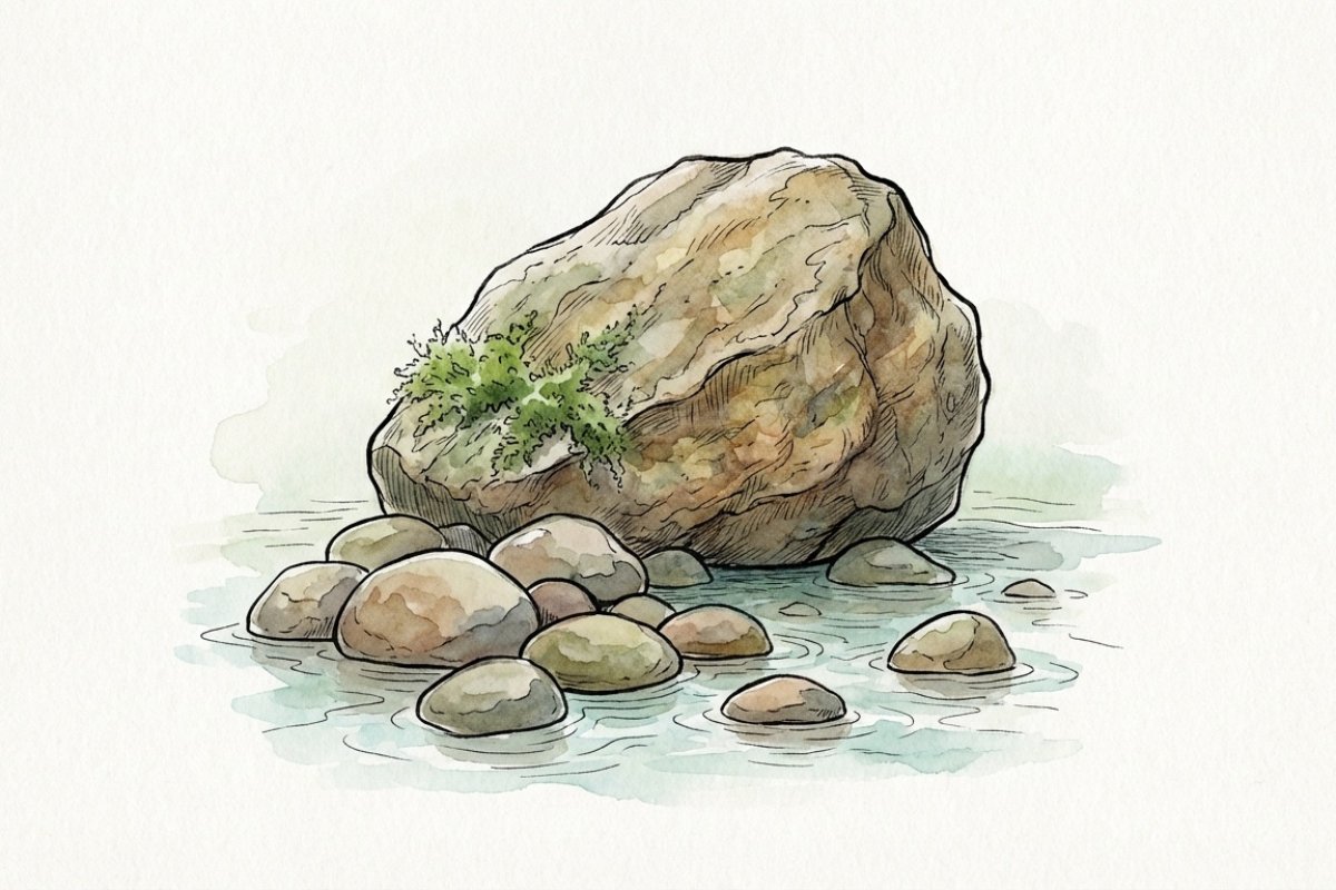 水辺に佇む苔のむした大きな岩とさざれ石の和風イラスト