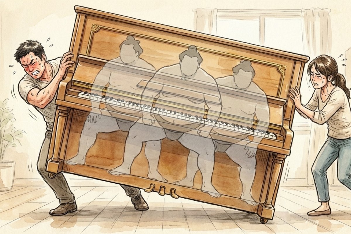 大人2人がかりで重いアップライトピアノを自力で移動させようと苦戦している様子