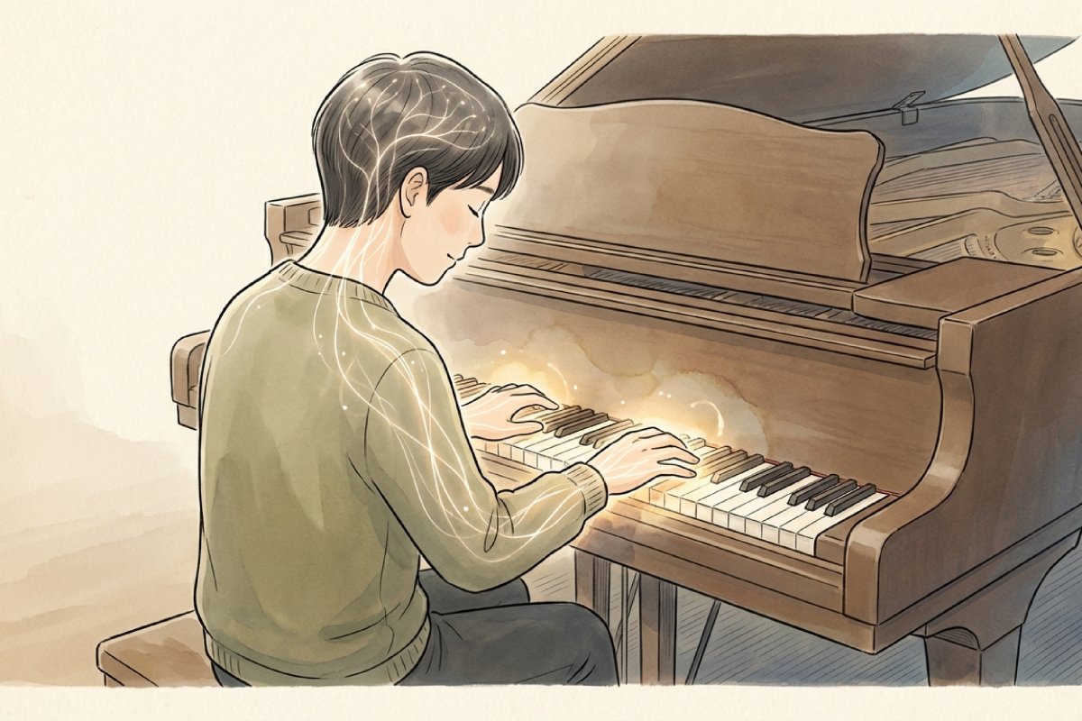 ピアノを演奏する男性と脳や神経が活性化しているイメージイラスト