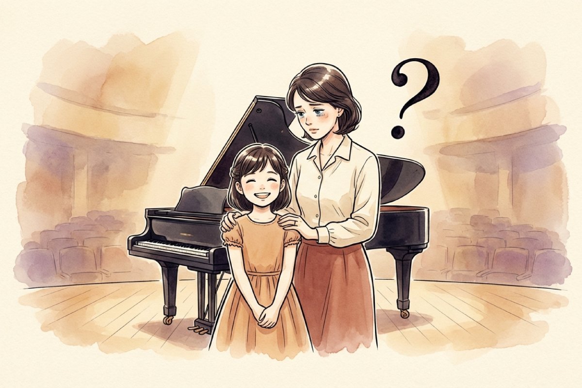 発表会の舞台でグランドピアノの前に立つ親子と、頭上に浮かぶクエスチョンマークのイラスト。ピアノ発表会で先生へのお礼が必要か、相場やマナーに迷う状況を表現する構図。