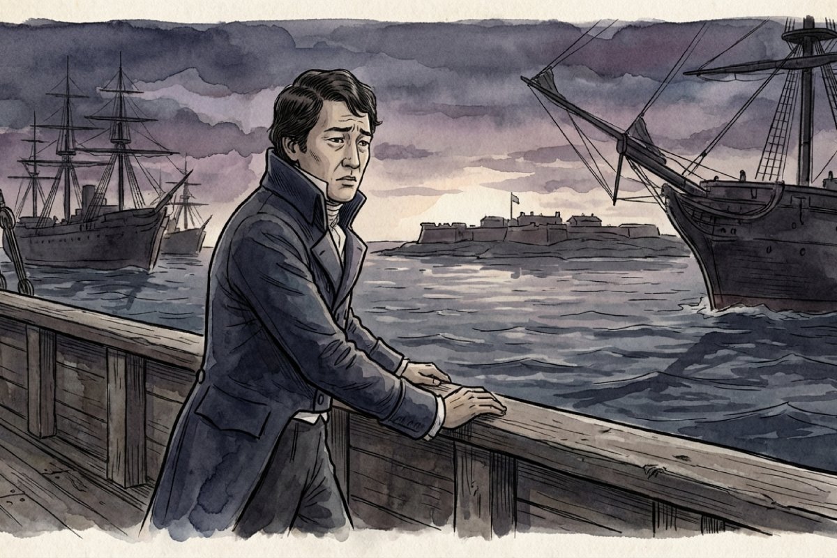 1812年戦争の船上でマクヘンリー要塞の方向を不安そうに見つめるフランシス・スコット・キーのイラスト