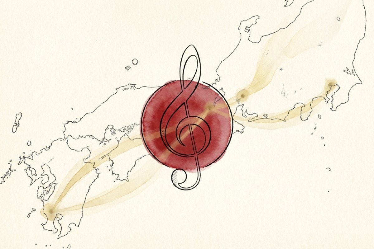 日本地図上に示された君が代の4つの発祥地（横浜・鹿児島・岐阜・京都）と音楽記号のイラスト