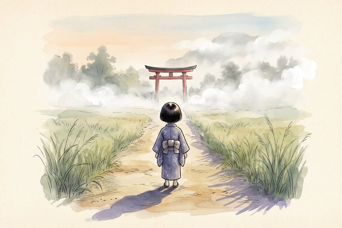 霧がかる鳥居の前に立つ着物の子供の後ろ姿を描いた、通りゃんせの神秘的な世界観のイラスト