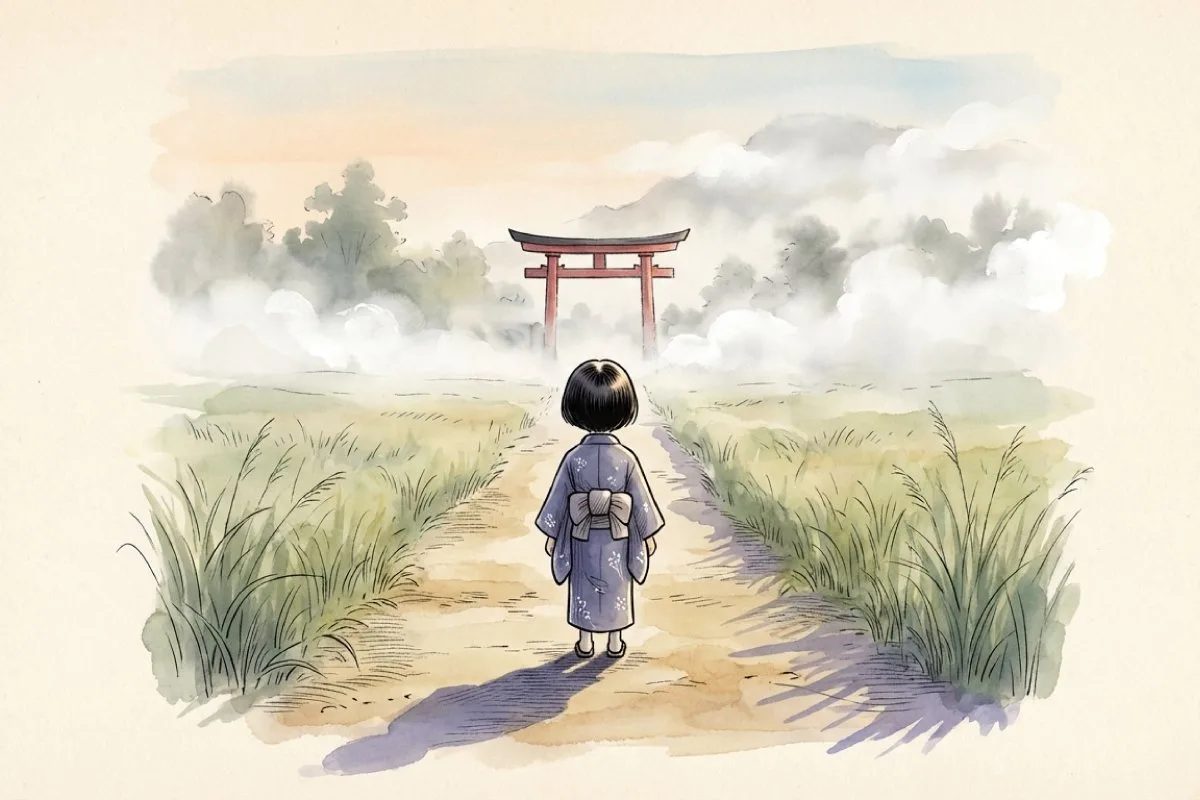 霧がかる鳥居の前に立つ着物の子供の後ろ姿を描いた、通りゃんせの神秘的な世界観のイラスト