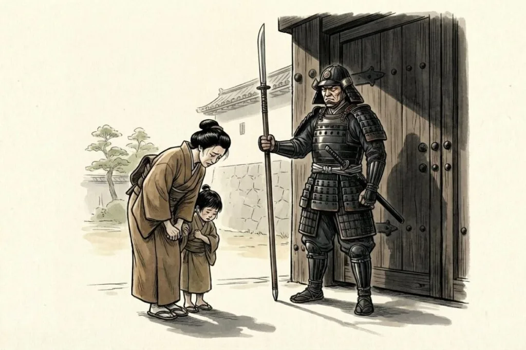 厳しい表情の関所の門番に対し、通行を願い出る母と子のイラスト。御用のないもの通しゃせぬという歌詞の歴史的背景