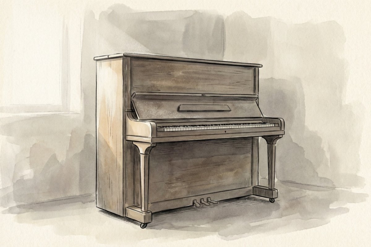木目のアップライトピアノが壁際に置かれ、鍵盤カバーが半開きでペダルまで見える。ピアノ調律の長期放置後の修理費用と判断材料をまとめた記事