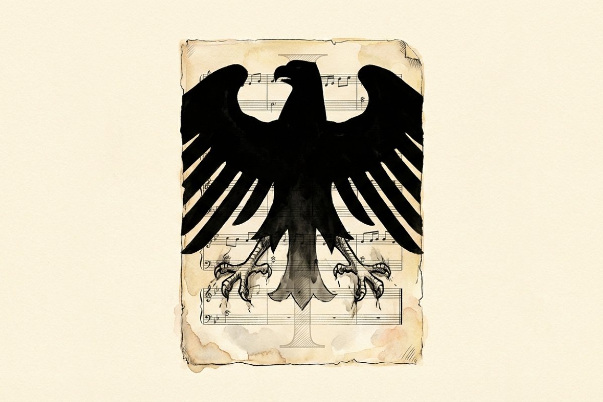 古びた楽譜の上に、翼を大きく広げた黒い鷲のシルエットが中央に置かれ、鋭い爪や羽の影と紙の擦れが目立つ。ドイツ国歌の歌詞と第1番のタブーをめぐる緊張感に触れる導入。