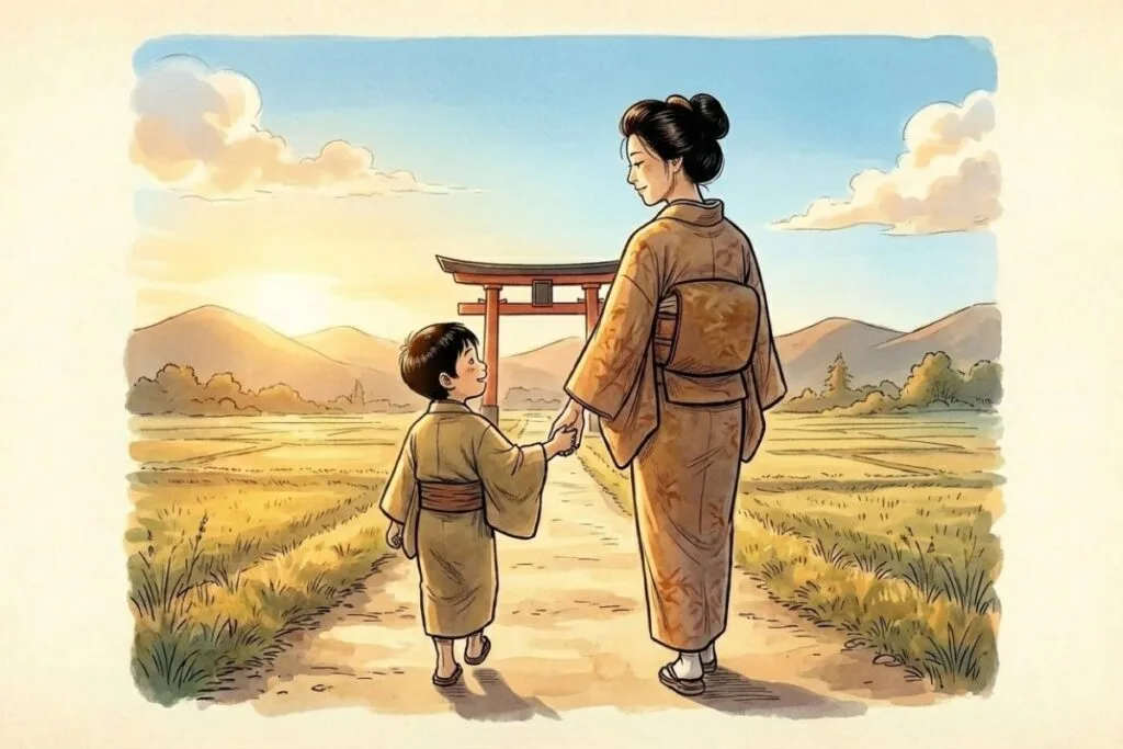 夕焼けの中で手を繋いで歩く親子の温かい後ろ姿。通りゃんせに込められた親の愛情と平和な解釈を象徴するイラスト