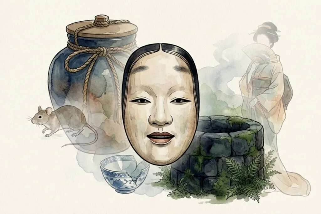 ずいずいずっころばしの怖い都市伝説を象徴する茶壺・能面・井戸のイメージ