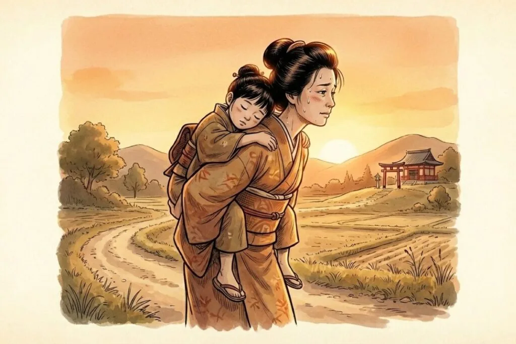 夕暮れ時に眠った子供をおんぶして歩く母親のイラスト。「こわい」は疲れたという意味の方言だとする説を表現