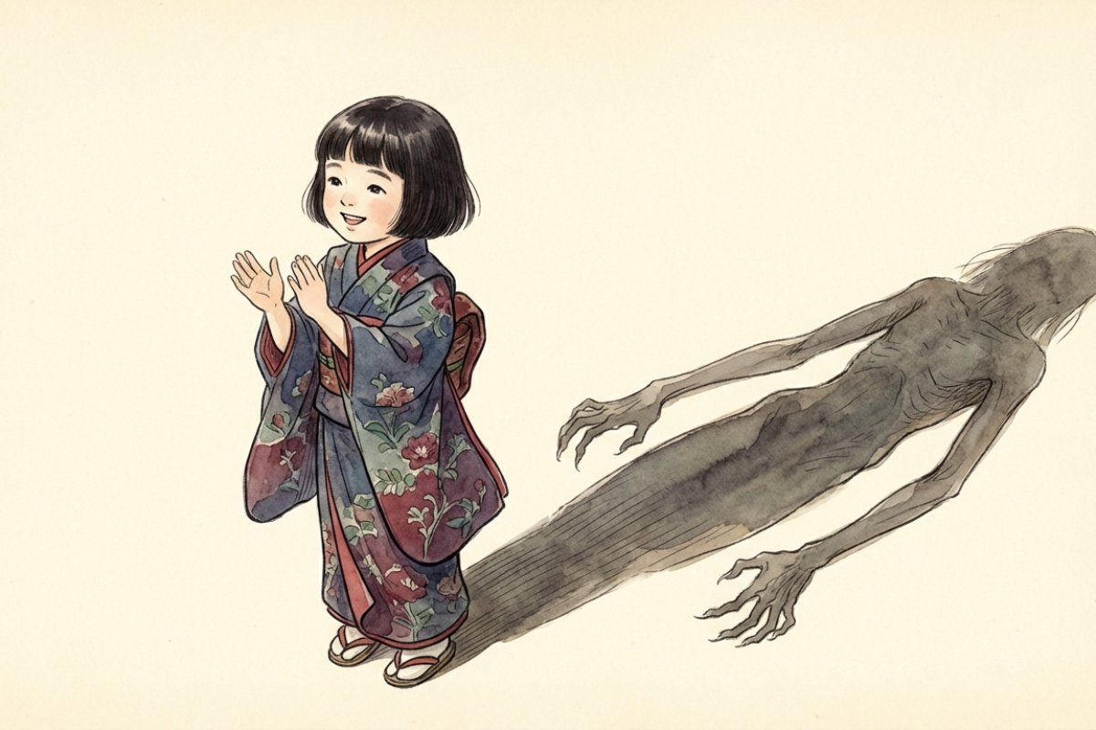 着物を着た笑顔の少女と、その背後に伸びる不気味な骸骨のような影のイラスト