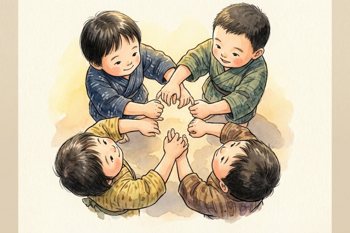 ずいずいずっころばしの指遊びを楽しく行う子供たちのイラスト