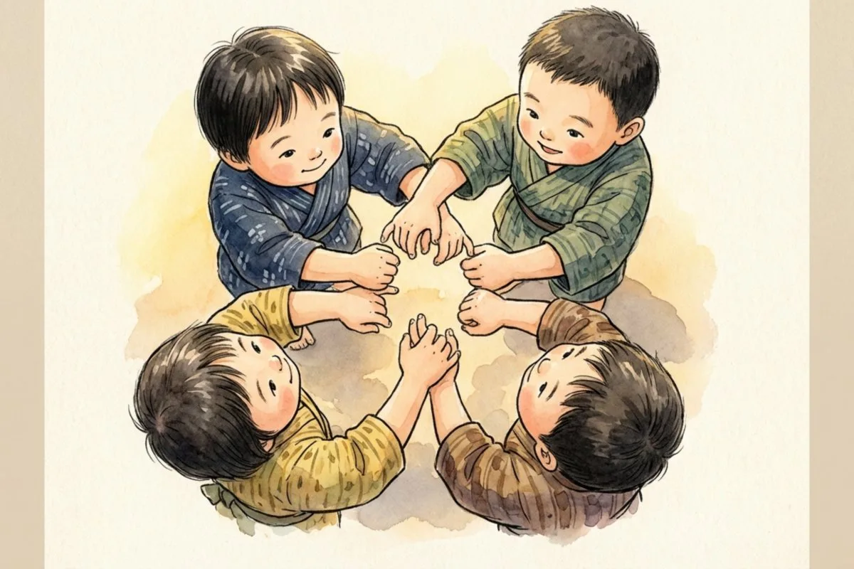 ずいずいずっころばしの指遊びを楽しく行う子供たちのイラスト