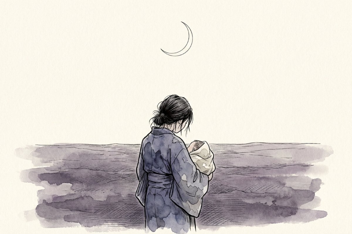 竹田の子守唄のイメージイラスト。月夜の荒野で赤ん坊を背負って佇む守り子の少女の後ろ姿
