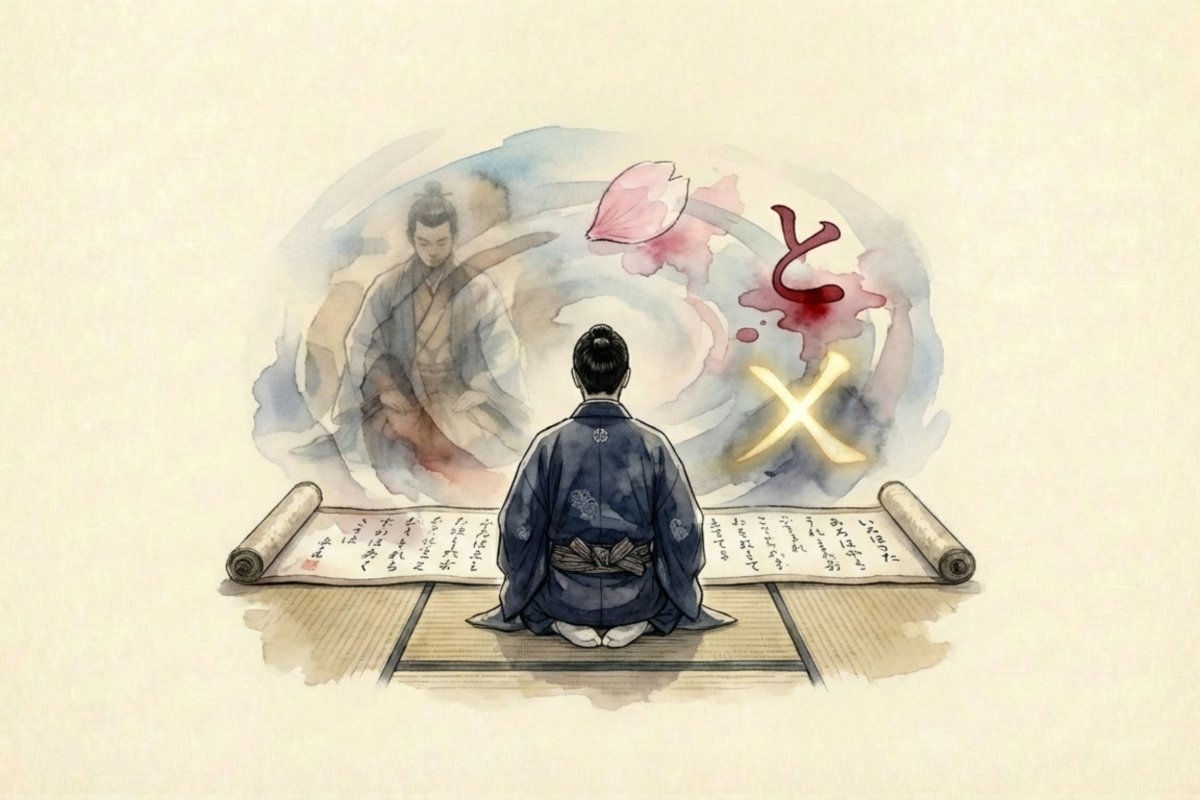 いろは歌が記された巻物と血のような染み、背後に浮かぶ平安貴族の影と「とがなくてしす」の文字イメージ