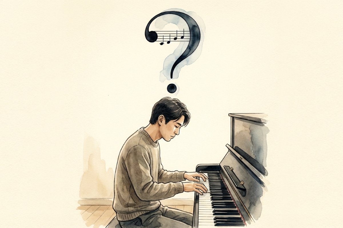 ピアノの前で君が代の楽譜選びに迷っている男性のイラスト