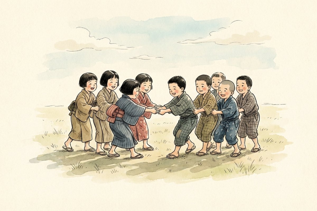 はないちもんめを遊ぶ着物姿の子供たちのイラスト。2列になって手を繋ぎ、日本の伝統的なわらべ歌を楽しんでいる様子