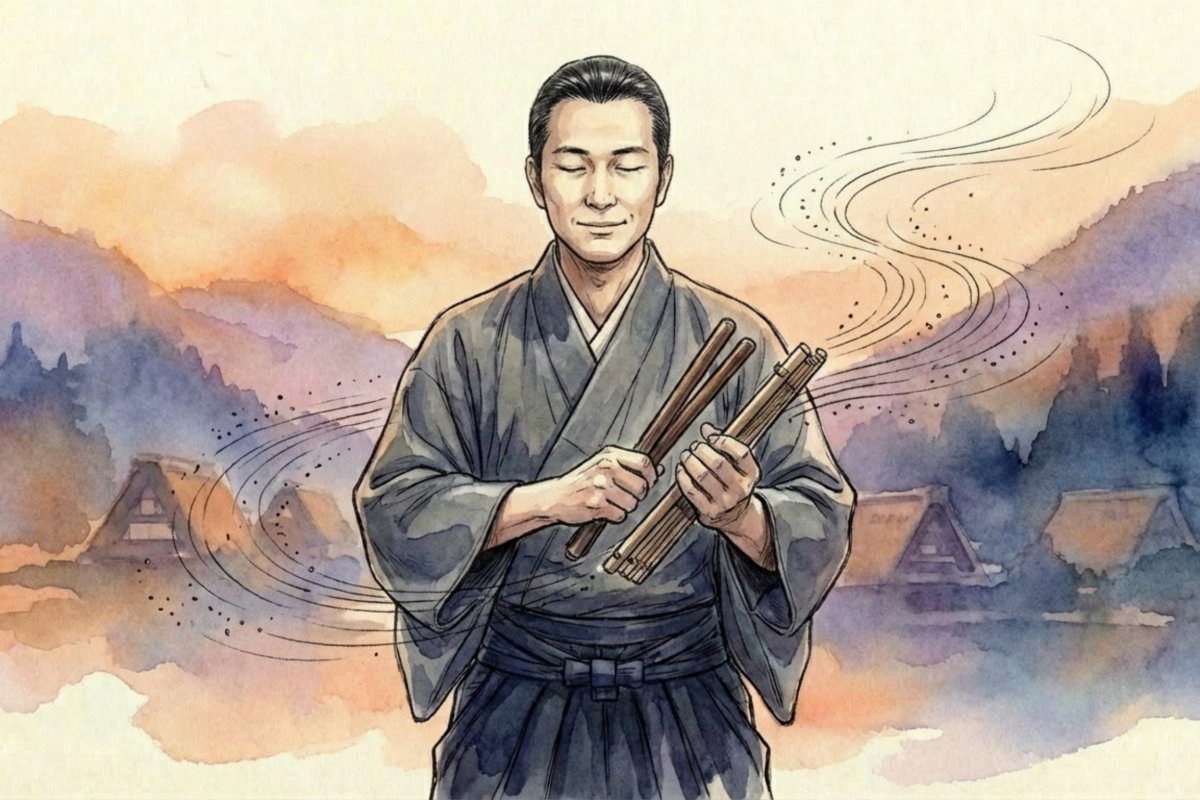 五箇山の風景を背景に、目を閉じて静かにこきりこ（竹の楽器）を手に持ち、民謡の精神を感じている男性のイラスト