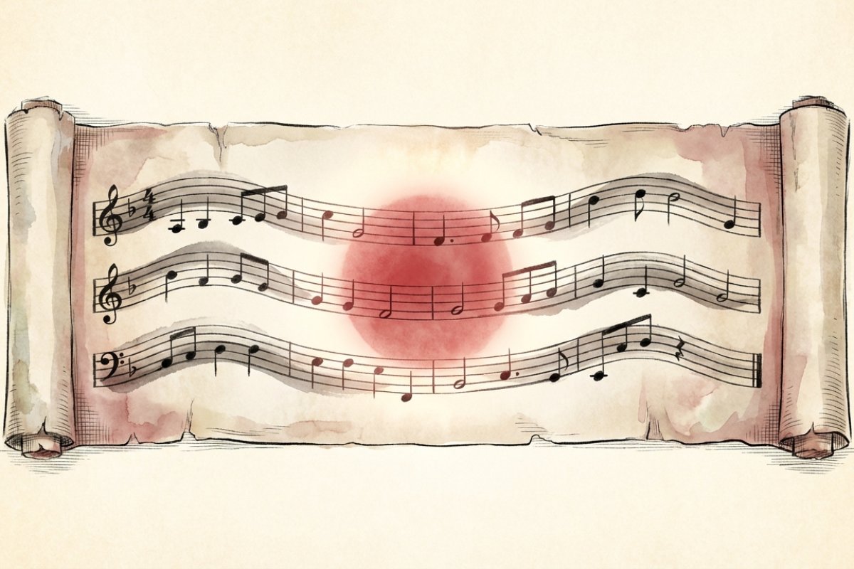 君が代の楽譜と日の丸が描かれた巻物のイラスト 明治時代の国歌制定の歴史