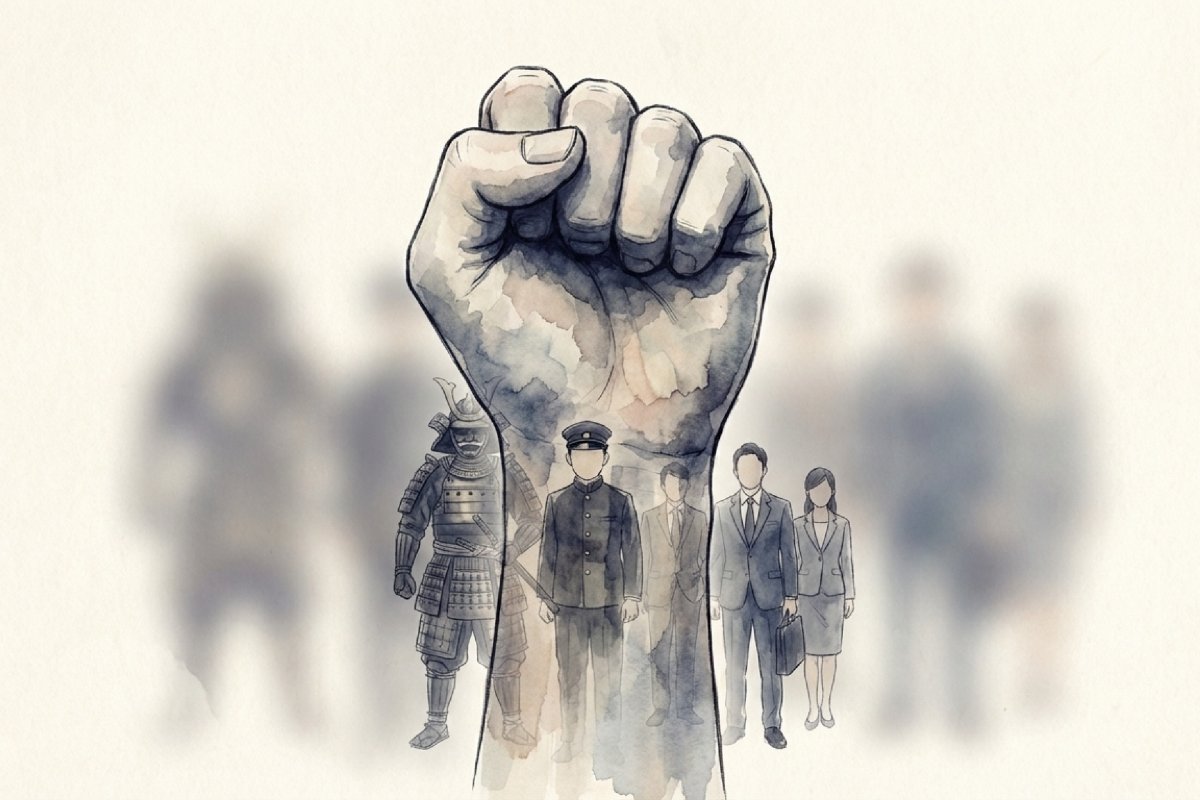 画面中央に大きな握りこぶしが掲げられ、足元に甲冑の武者と学生服、スーツ姿の人物が並ぶ。えいえいおーの意味や語源、漢字表記と英語表現までを時代の流れで捉える一枚。