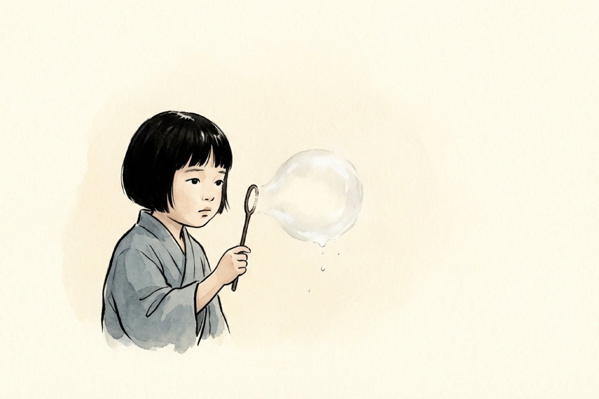 童謡シャボン玉を吹く着物姿の少女のイラスト。歌詞の切ない世界観