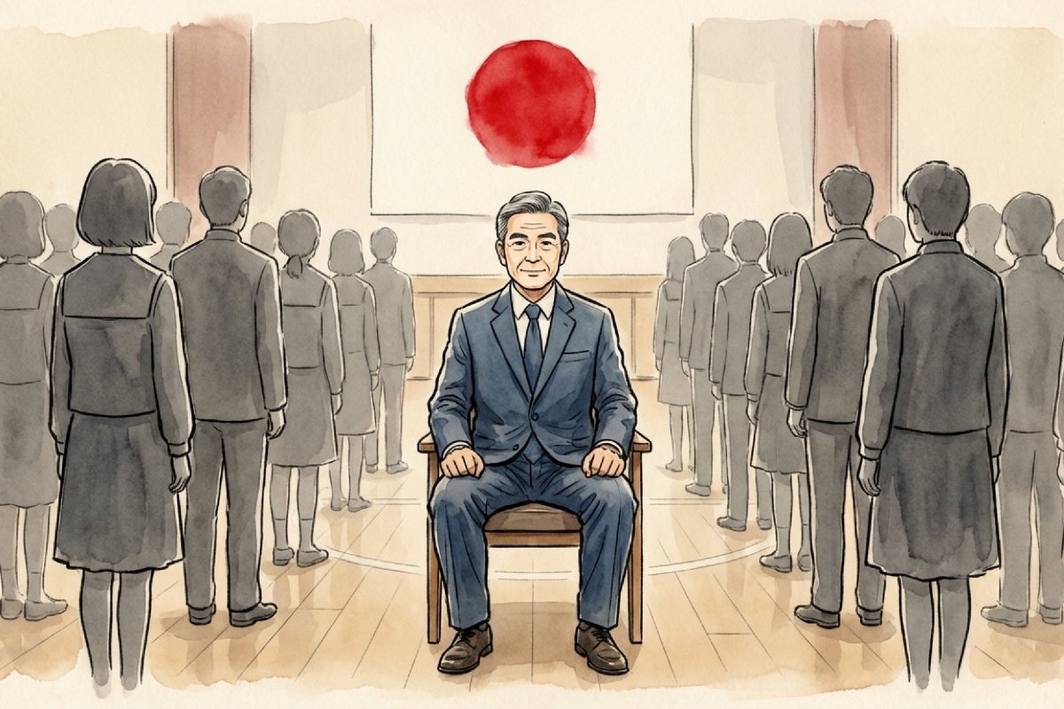 日の丸が掲げられた式典会場で、周囲が起立する中、一人着席し続ける男性教員と、それを複雑な表情で見つめる周囲の人々