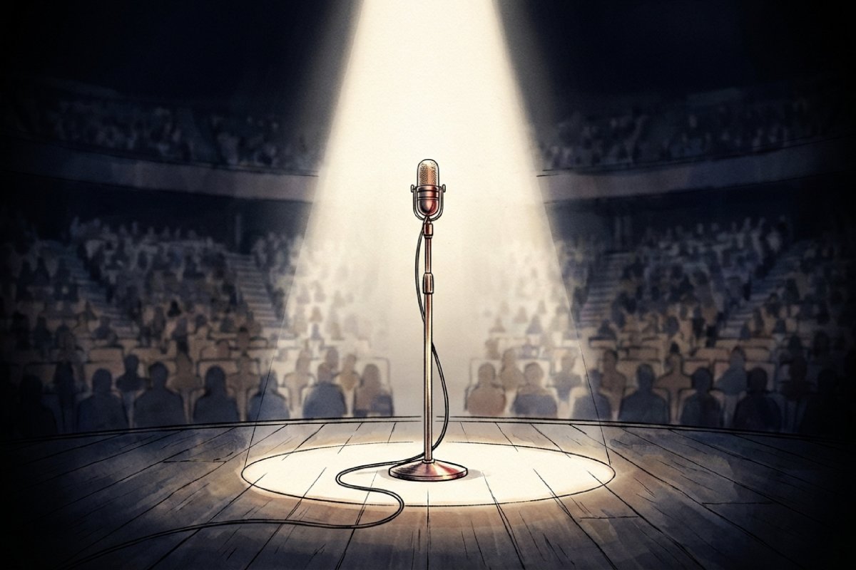 国歌斉唱のステージでスポットライトを浴びるスタンドマイクと観客席