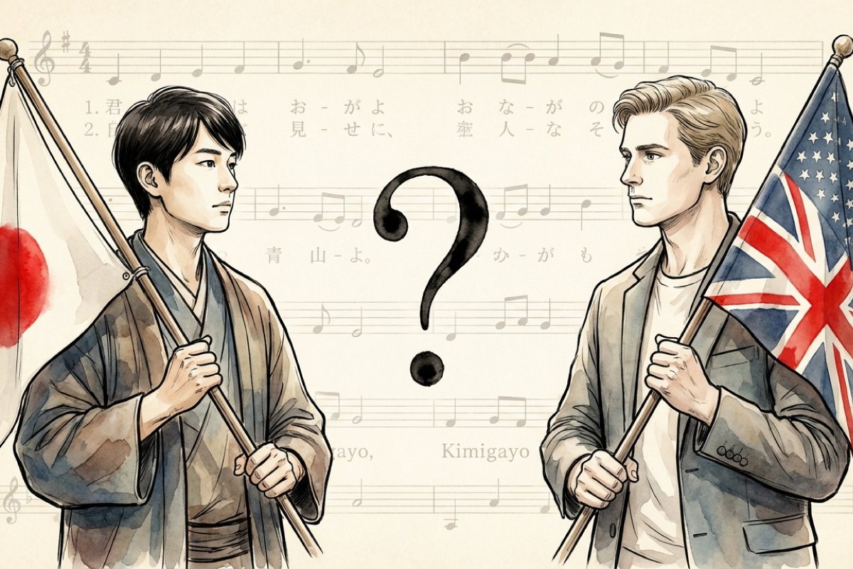 日米の国旗を持つ男性と君が代の楽譜、英訳における解釈の違いを示すイラスト