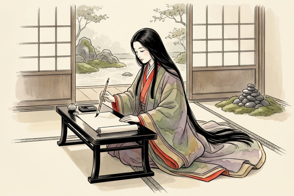 平安時代の女性が筆を執り古今和歌集の和歌を短冊に記しているイメージイラスト