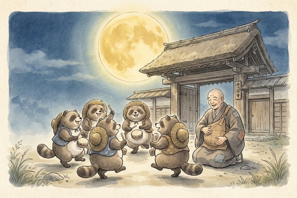 満月の夜、寺の門前で和尚と数匹の狸が腹鼓を打って踊る水彩画。証城寺の狸囃子の歌詞と伝説の世界観を導入として伝える。